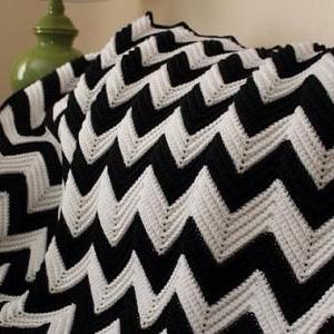 Black And White Chevron Crochet Afghan/blanket