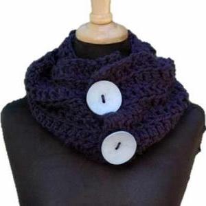 Dark Navy Blue Crochet Cowl With Buttons