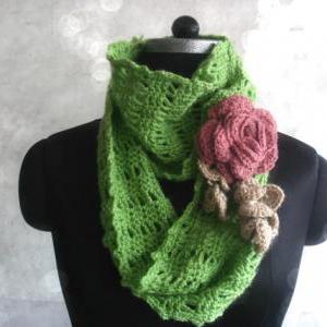Crochet Green Cowl With Pink..