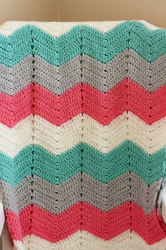 Chevron Crochet Blanket (gray, White, Peach, Teal)