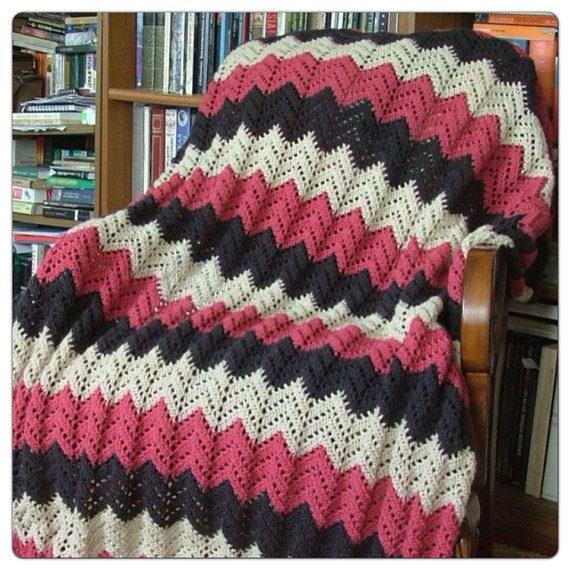Handmade Chevron Crochet Afghan (white, Pink, Navy Blue)