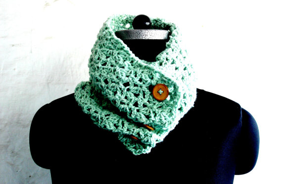 Crochet Mint Green Cowl With Buttons-vintage-primitive-scarf-wrap