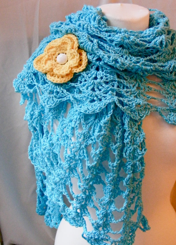 Blue Lace Crochet Shawl With Rose-vintage-accessory-handmade